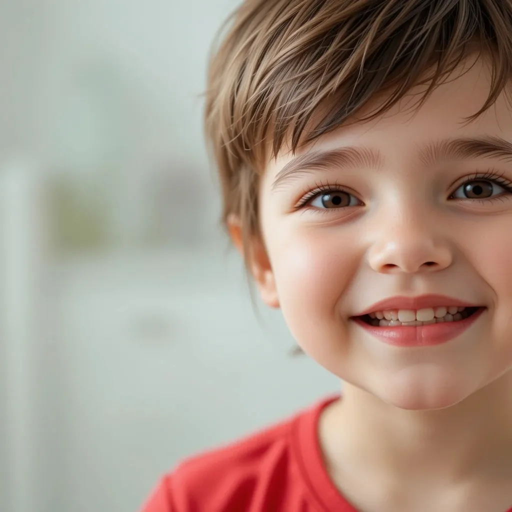 A young boy in a red shirt sits in a softly lit room, representing a welcoming environment for restorative dentistry in Christchurch, ideal for families seeking gentle dental care.