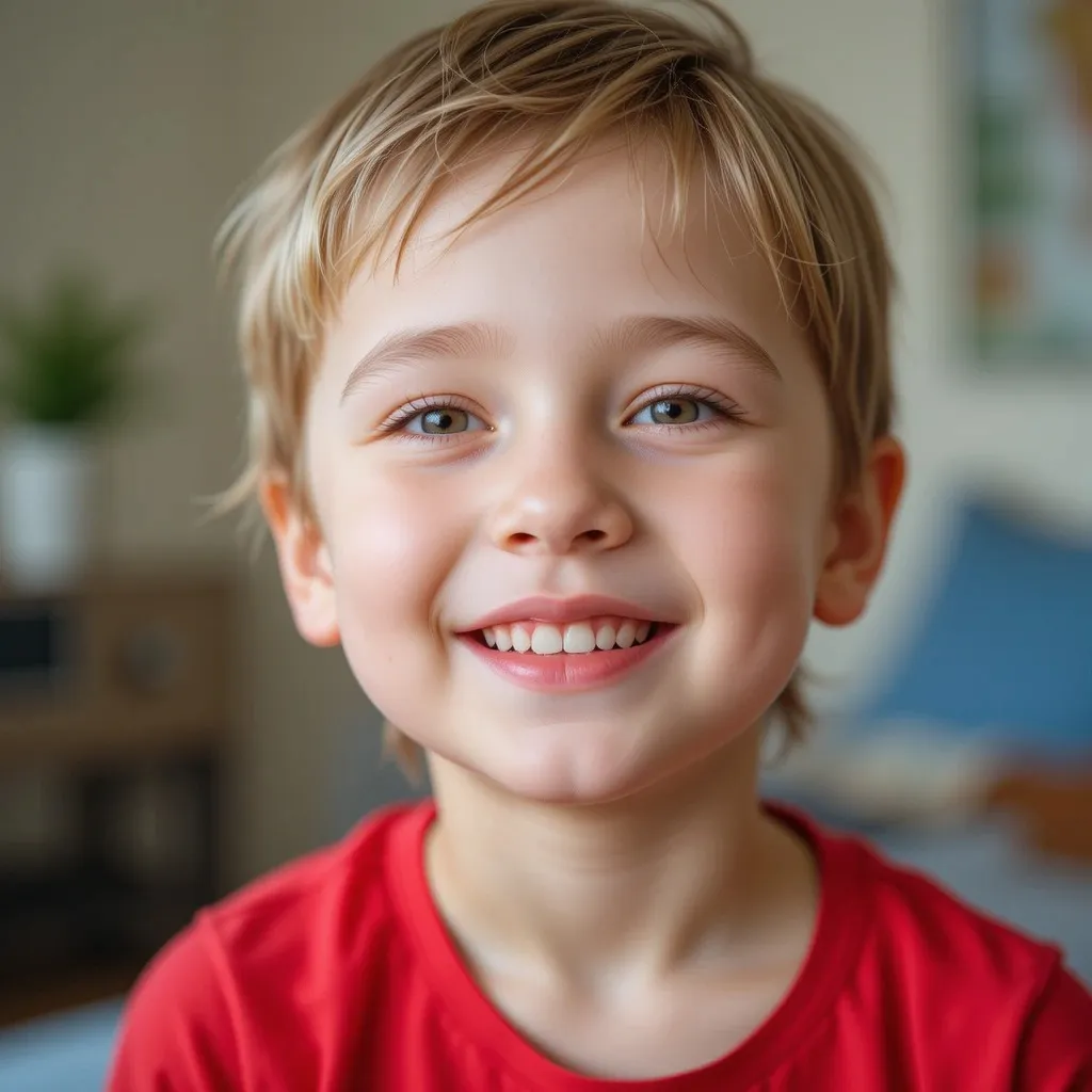 A child wearing a red shirt is photographed in a bright, home-like setting, highlighting the approachable and family-friendly atmosphere of restorative dentistry services in Christchurch.