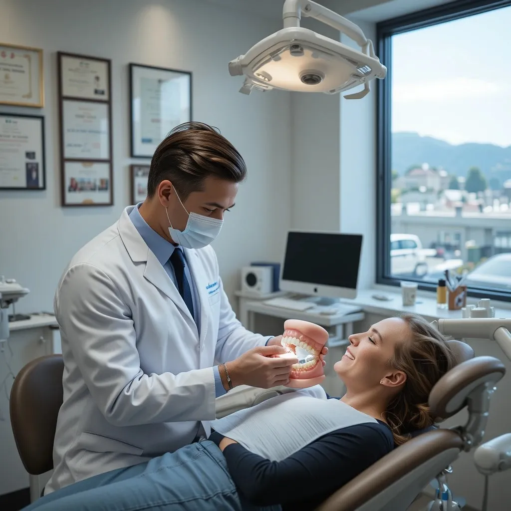 A dentist in a white coat demonstrates dental procedures to a patient in a modern Christchurch clinic, showcasing professional restorative dental care and patient education.