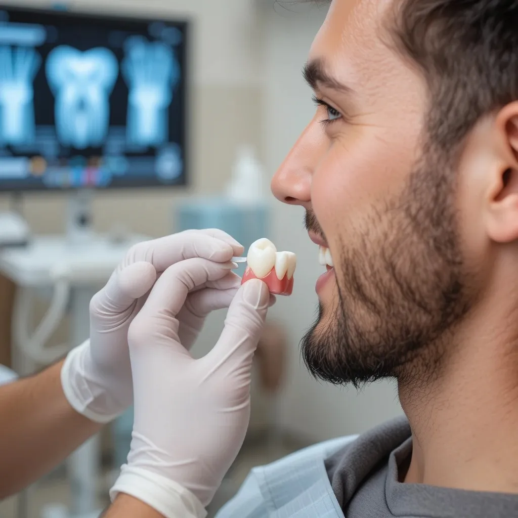 A dental professional holds a dental crown model near a patient in a Christchurch clinic, illustrating advanced restorative dentistry treatments and technology.