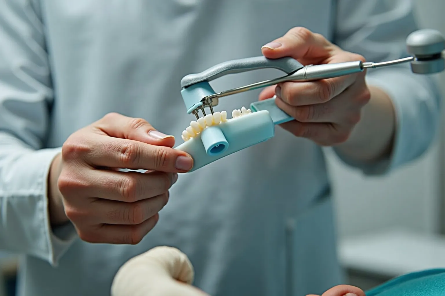 Orthodontic specialist demonstrating dental tools on teeth model for orthodontic treatment in Christchurch