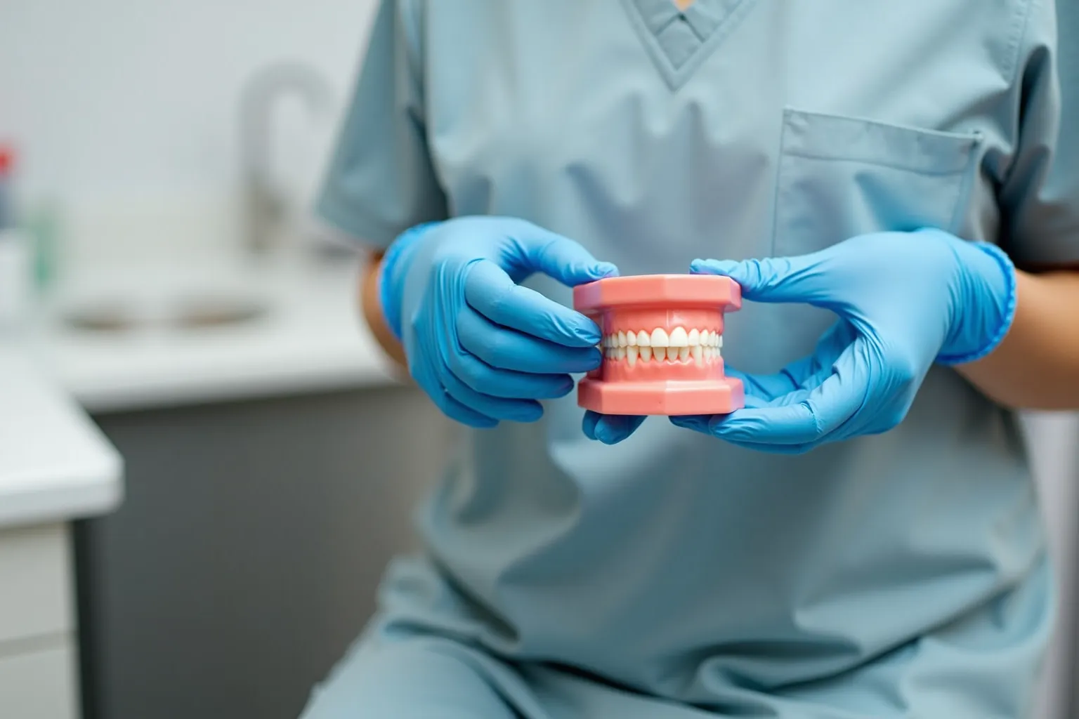 Dental professional holding anatomical teeth model with blue gloves at Emergency Dentist Christchurch